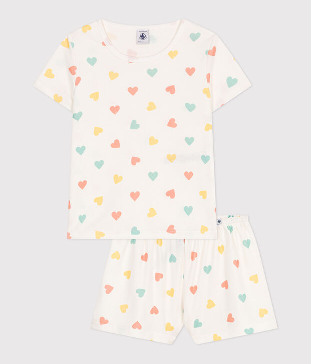 Pijama corto infantil de algod&oacute;n con estampado de corazones blanco/multicolor