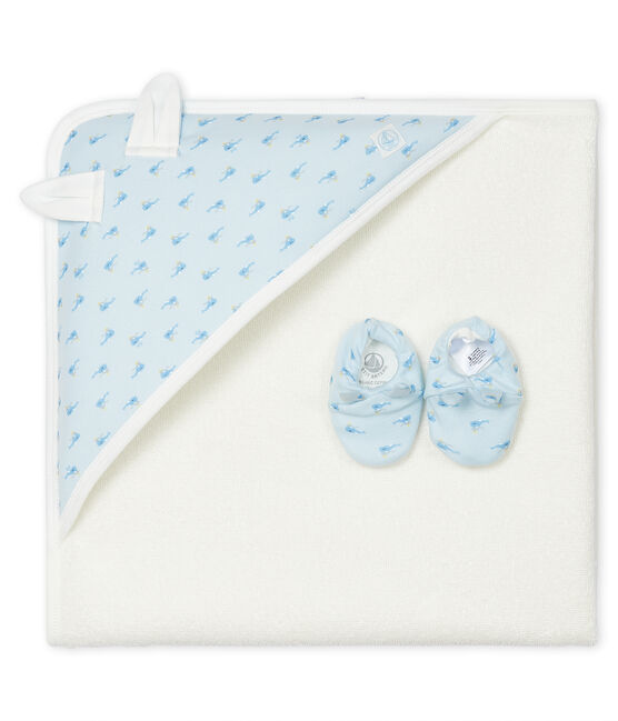 Estuche con toalla cuadrada de baño y patucos para bebé de rizo y punto. azul FRAICHEUR/blanco MULTICO