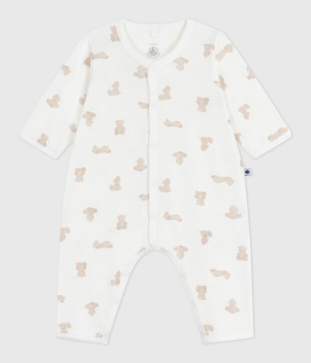 Pijama sin pies de algod&oacute;n con estampado de oso para beb&eacute; blanco/BRUN