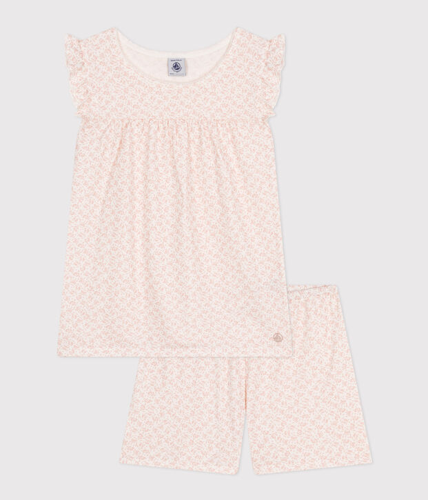 Pijama corto infantil de algod&oacute;n con estampado de flores blanco/rosa