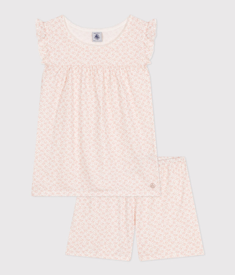 Pijama corto infantil de algod&oacute;n con estampado de flores blanco/rosa