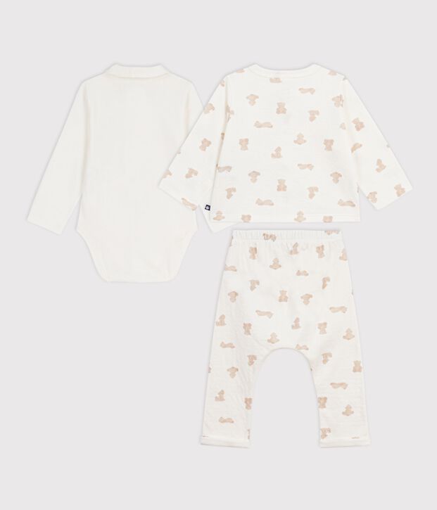 Conjunto largo de 3 piezas de algod&oacute;n con estampado de ositos para beb&eacute; blanco/BRUN