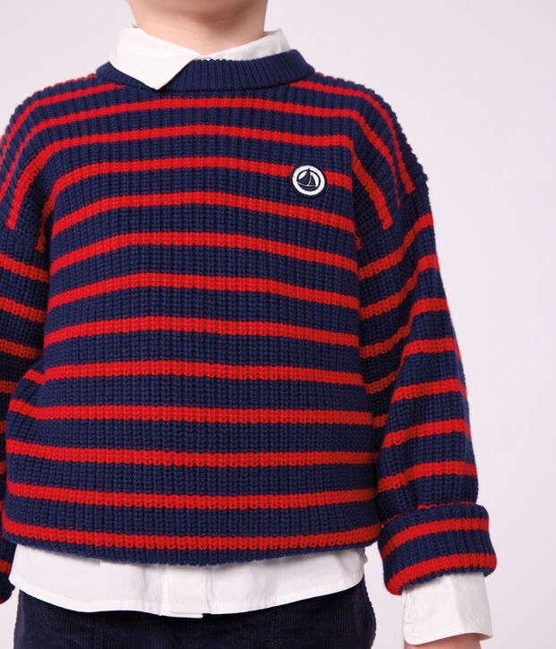 Jersey infantil de lana y algod&oacute;n a rayas azul/rojo