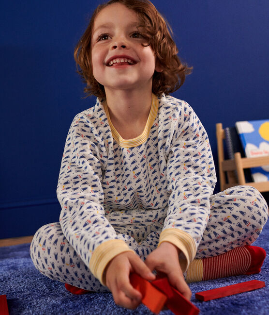 Pijama infantil de terciopelo con estampado de cohetes blanco MARSHMALLOW/blanco MULTICO