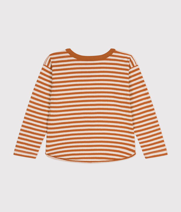 Camiseta infantil de manga larga a rayas de tejido t&uacute;bico marron/crudo