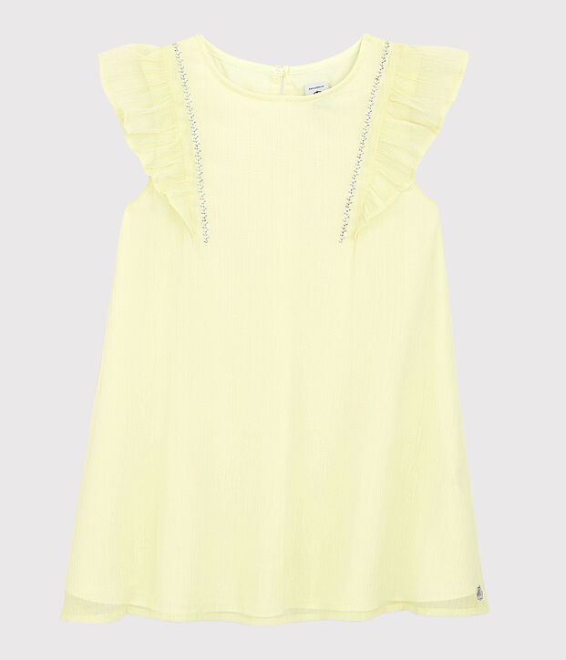 Vestido de celebraci&oacute;n de crep&eacute; de ni&ntilde;a amarillo