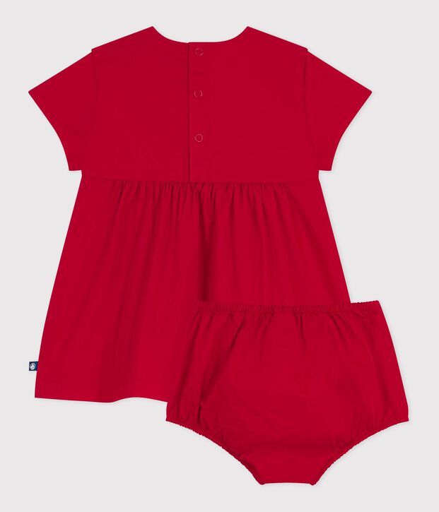 Vestido liso de algod&oacute;n de manga corta y pololo para beb&eacute; rojo