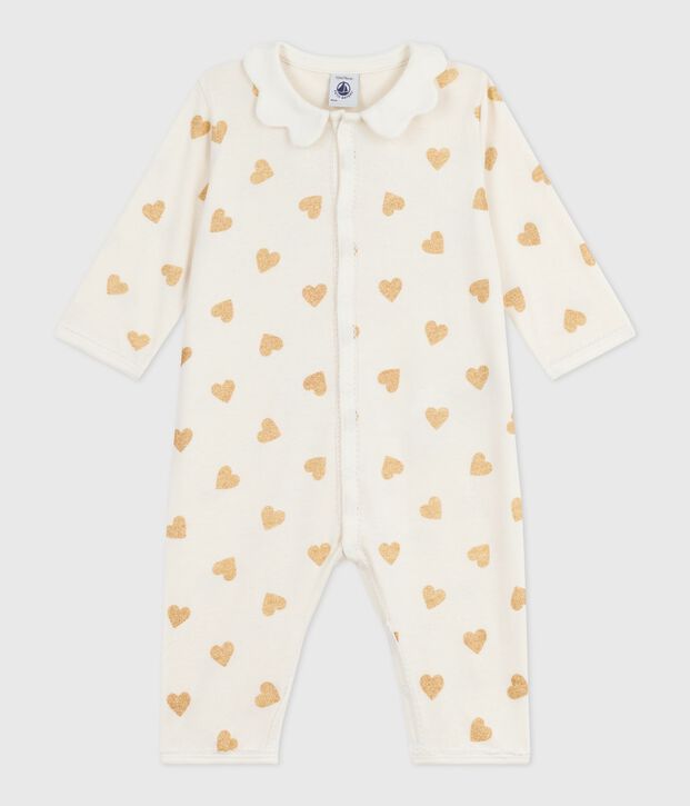 Pijama de beb&eacute; de algod&oacute;n sin pies con estampado de corazones con purpurina dorada crudo/amarillo