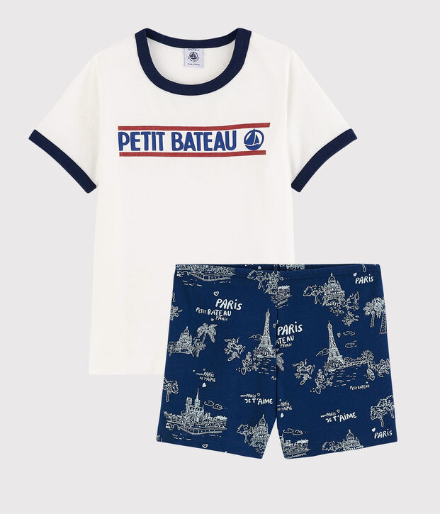 Pijama corto de tela de Jouy Par&iacute;s de algod&oacute;n de ni&ntilde;o azul/multicolor