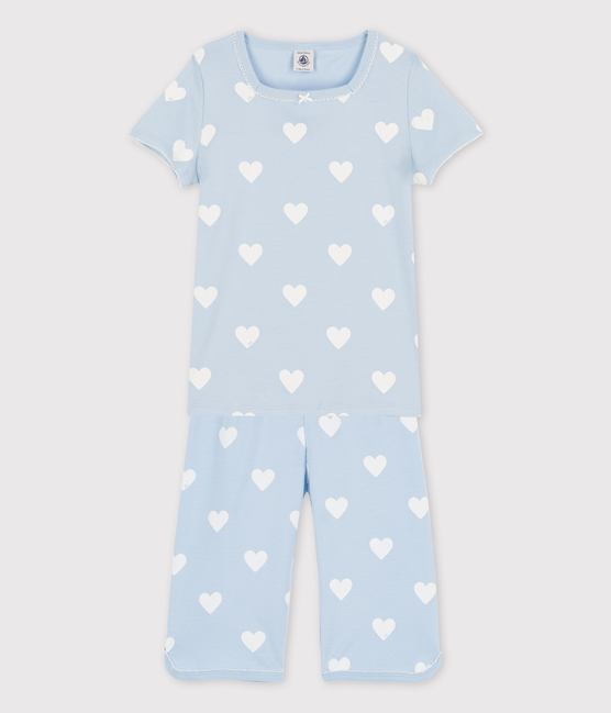 Pijama corto azul de corazón de algodón ecológico de niña azul JASMIN/blanco MARSHMALLOW