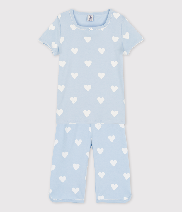 Pijama corto azul de coraz&oacute;n de algod&oacute;n ecol&oacute;gico de ni&ntilde;a azul/blanco