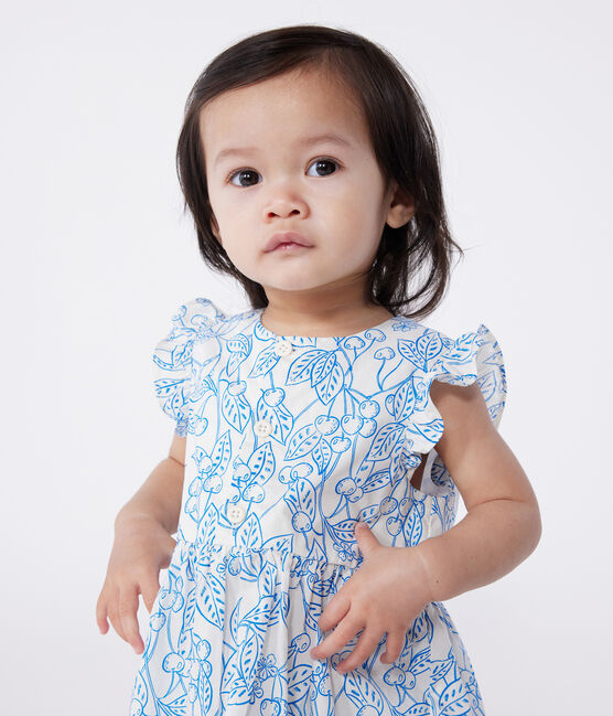 Vestido de algodón y pololo con estampado de cerezas azules para bebé azul MARSHMALLOW/ PORCELANA