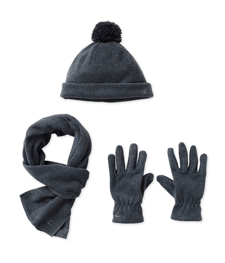 Bufanda, gorro y guantes en polar gris
