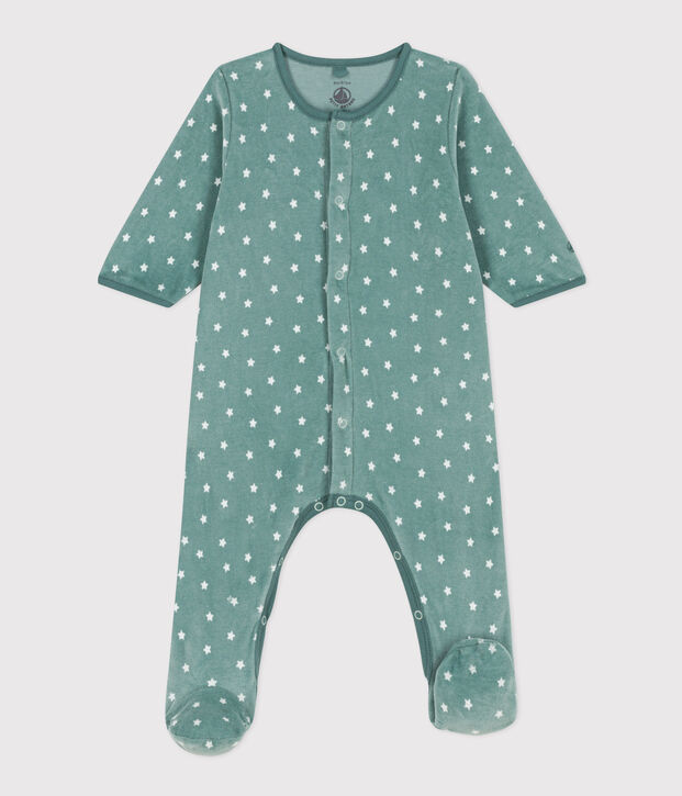 Pijama de terciopelo con estrellas para beb&eacute; verde/blanco