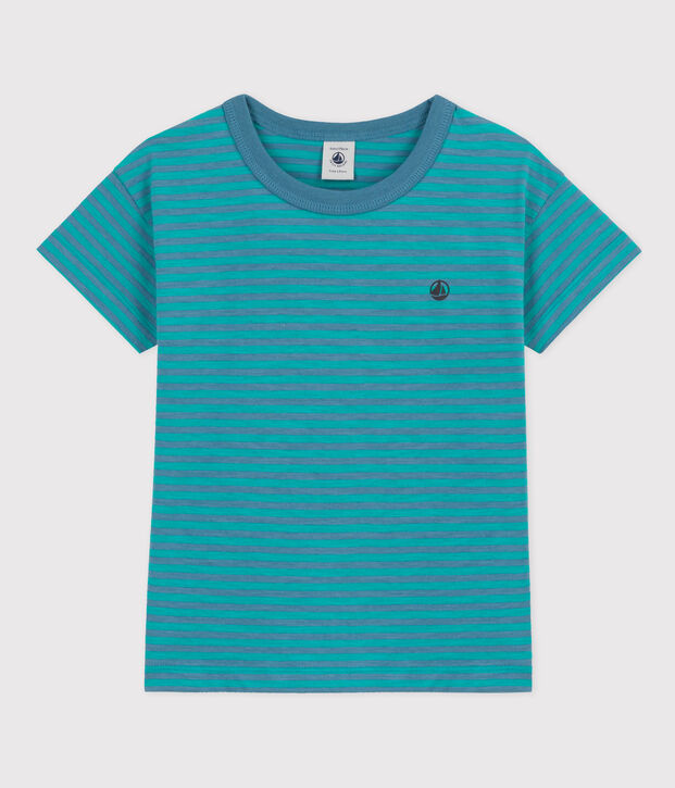 Camiseta de algod&oacute;n a rayas para ni&ntilde;o azul/verde