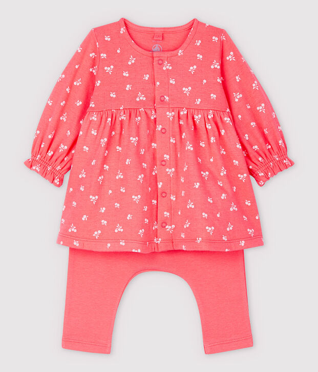 Vestido-leggings de cerezas de tejido tubular de algod&oacute;n ecol&oacute;gico de beb&eacute; naranja/rosa