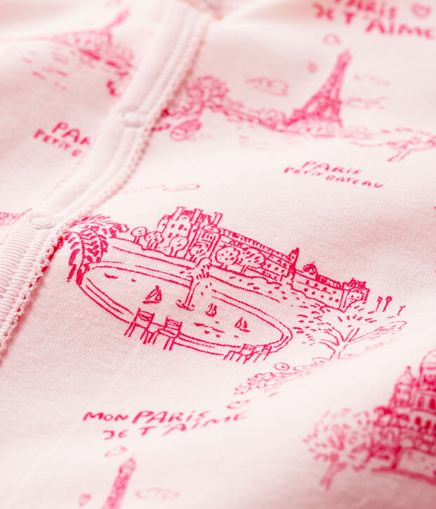 Pijama enterizo sin pies en tela de Jouy rosa de beb&eacute; ni&ntilde;a de algod&oacute;n rosa/rosa