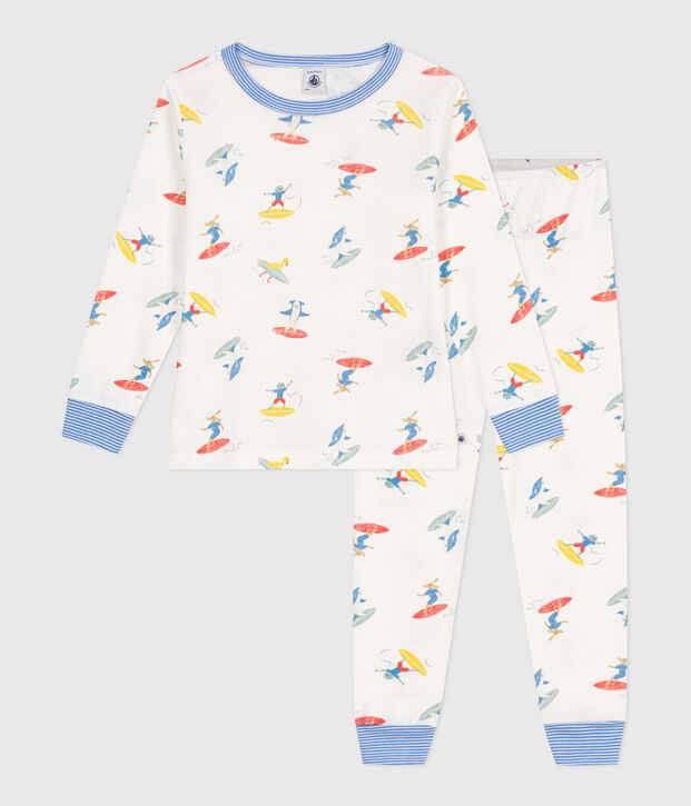 Pijama infantil de manga larga de algod&oacute;n con estampado de surfistas blanco/multicolor