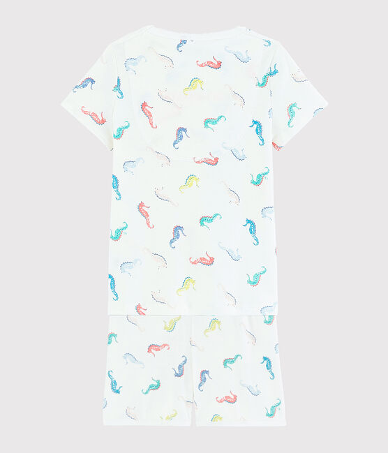 Pijama corto con estampado de caballitos de mar de algodón de niña blanco MARSHMALLOW/blanco MULTICO