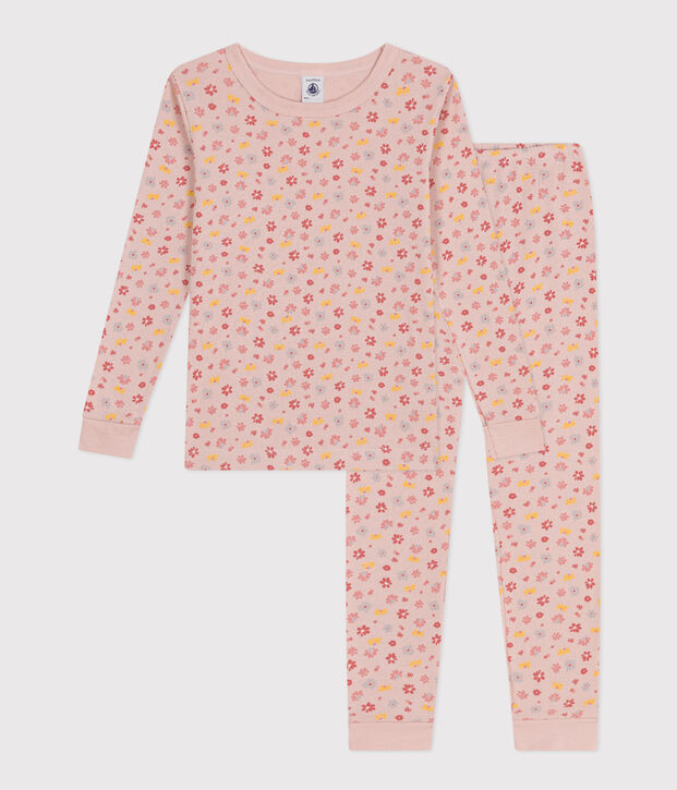Pijama infantil ajustado de algod&oacute;n con estampado de flores rosa/blanco