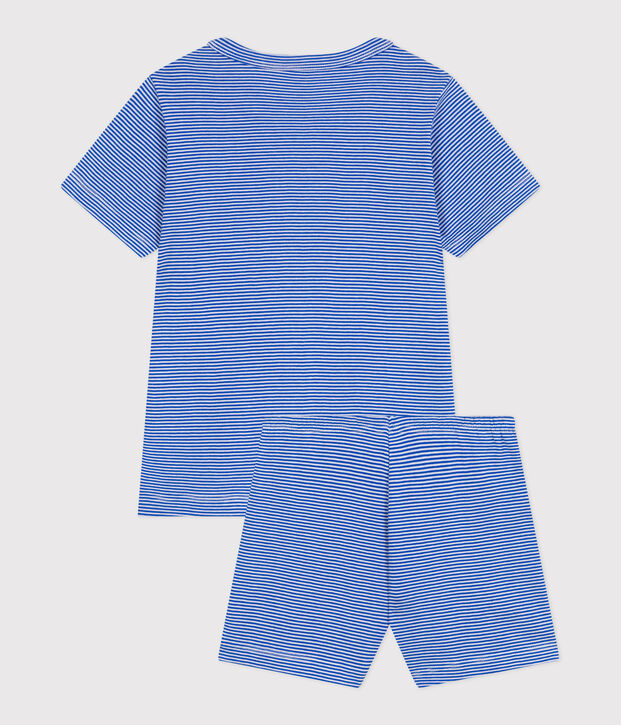 Pijama infantil corto de algod&oacute;n a rayas azul/blanco