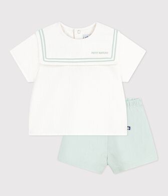 Conjunto para beb&eacute; de 2 piezas de algod&oacute;n/lino, parte superior con cuello marinero