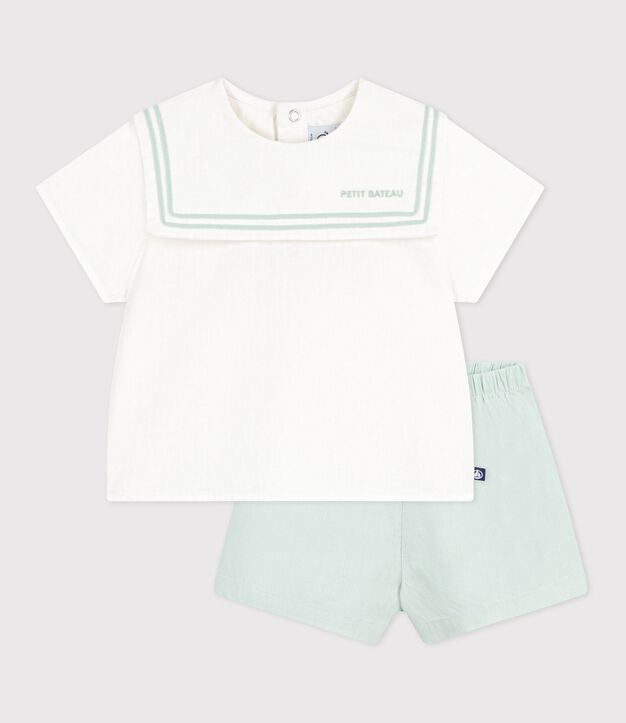 Conjunto para beb&eacute; de 2 piezas de algod&oacute;n/lino, parte superior con cuello marinero blanco/azul