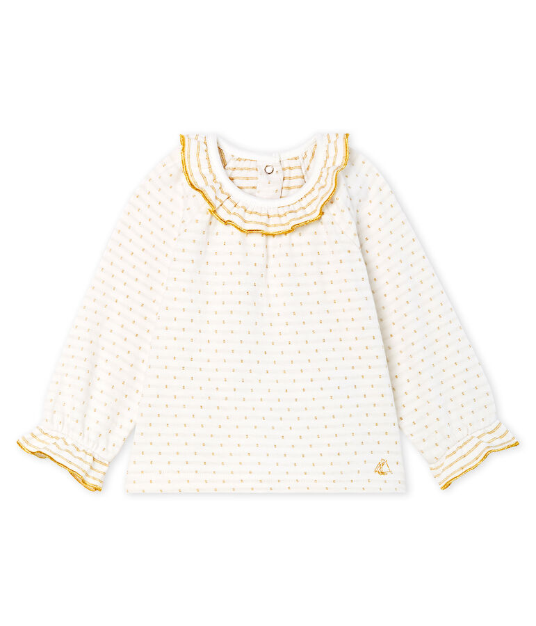 Blusa de manga larga en tela t&uacute;bica con jacquard para beb&eacute; ni&ntilde;a blanco/amarillo