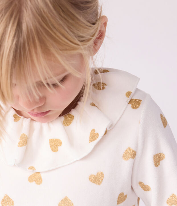 Pijama de Terciopelo para ni&ntilde;o/a con estampado de corazones dorados y brillantes. crudo/amarillo