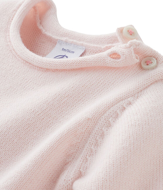 Unisex baby long all-in-one in wool and cotton knit with rabbit print rosa FLEUR