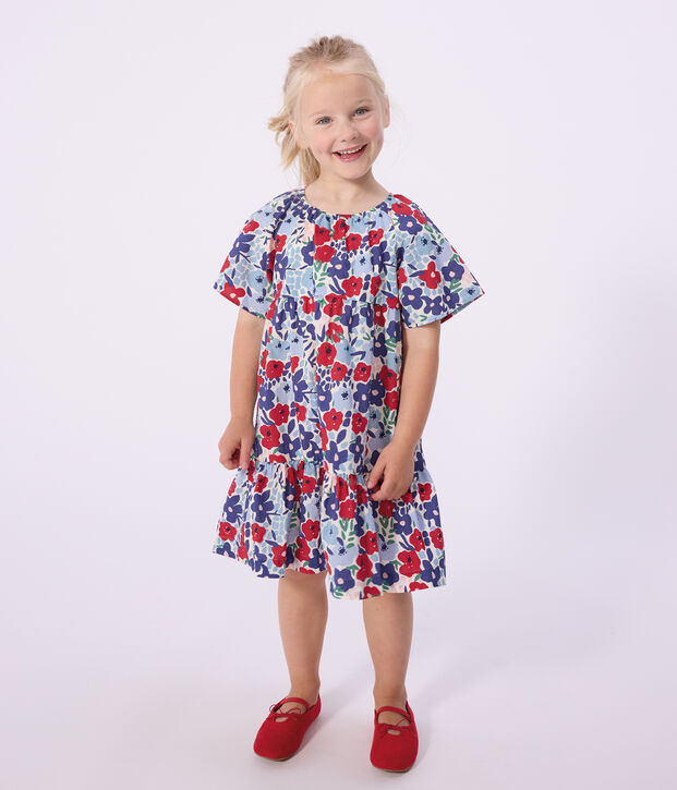 Vestido infantil de algod&oacute;n de manga corta con estampado de flores blanco/multicolor