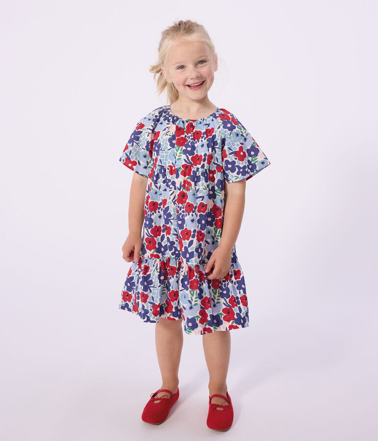 Vestido infantil de algod&oacute;n de manga corta con estampado de flores blanco/multicolor