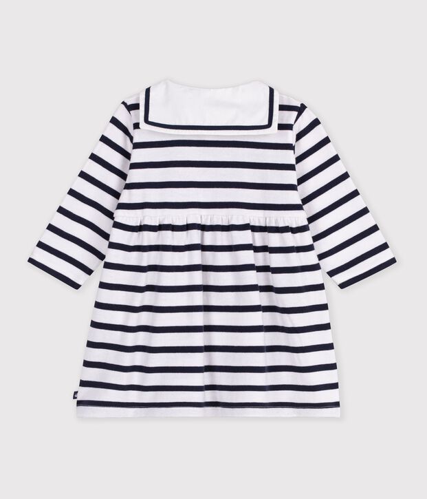 Vestido de algod&oacute;n de manga larga con rayas marineras para beb&eacute; blanco/azul