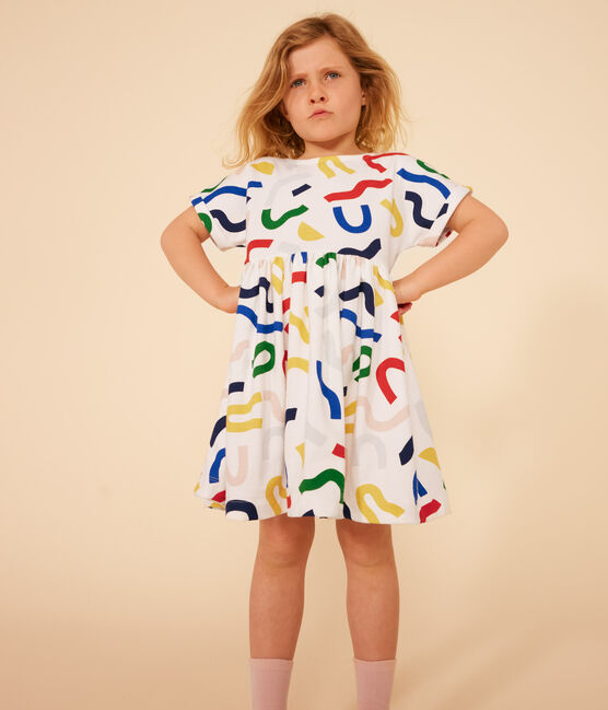 Vestido estampado de manga corta de algodón para niña blanco MARSHMALLOW/blanco MULTICO