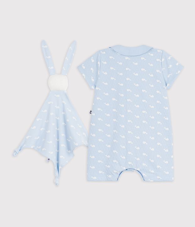 Conjunto de regalo para beb&eacute; con pelele y doudou con estampado de ballenas azul/blanco