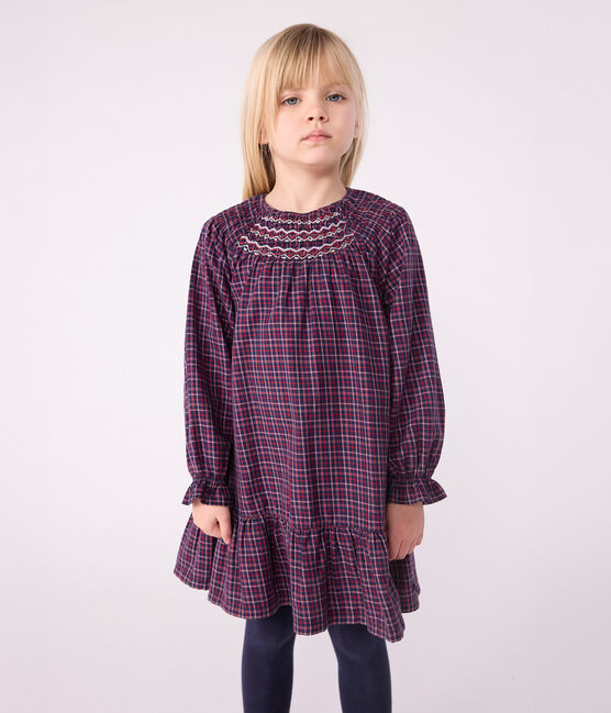 Vestido infantil de manga larga de franela a cuadros azul SMOKING/blanco MULTICO