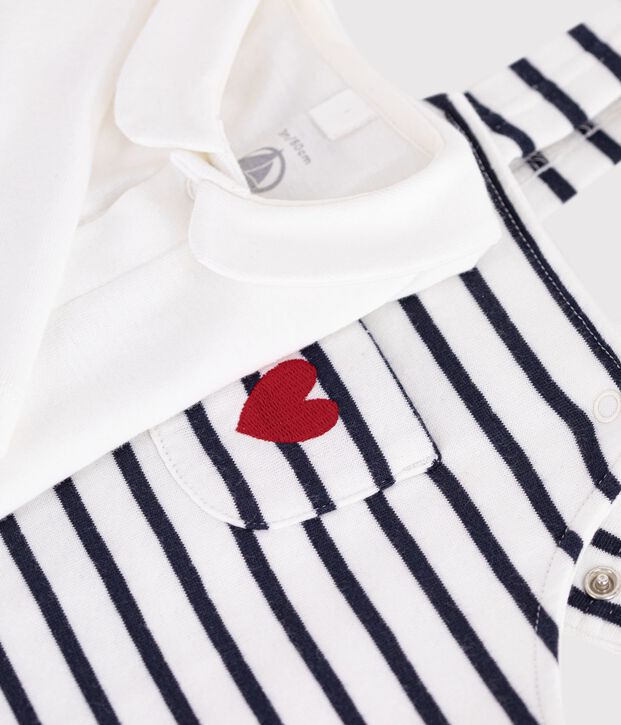 Conjunto de peto y body de algod&oacute;n con cuello a rayas para beb&eacute; blanco/azul