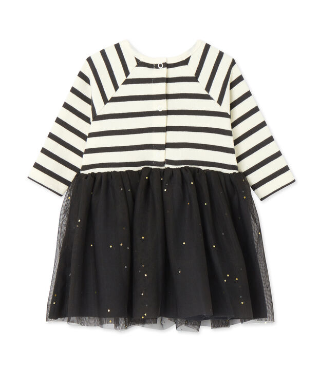 Vestido bi-materia para beb&eacute; ni&ntilde;a blanco/gris