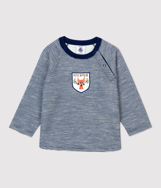 Camiseta de lana y algodón de bebé. azul MEDIEVAL/blanco MARSHMALLOW