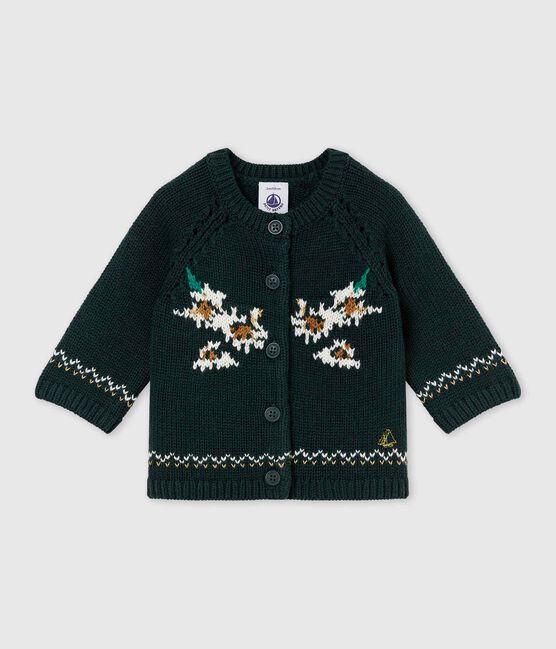 Cárdigan en tricot para jacquard de lana y algodón para bebé niña verde SHERWOOD/blanco MULTICO
