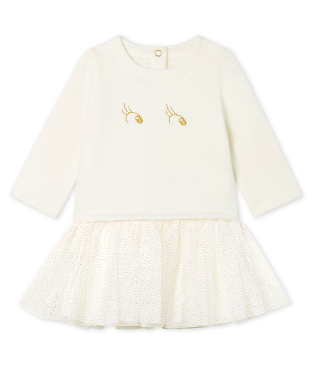 Vestido bimaterial de manga larga para beb&eacute; ni&ntilde;a blanco