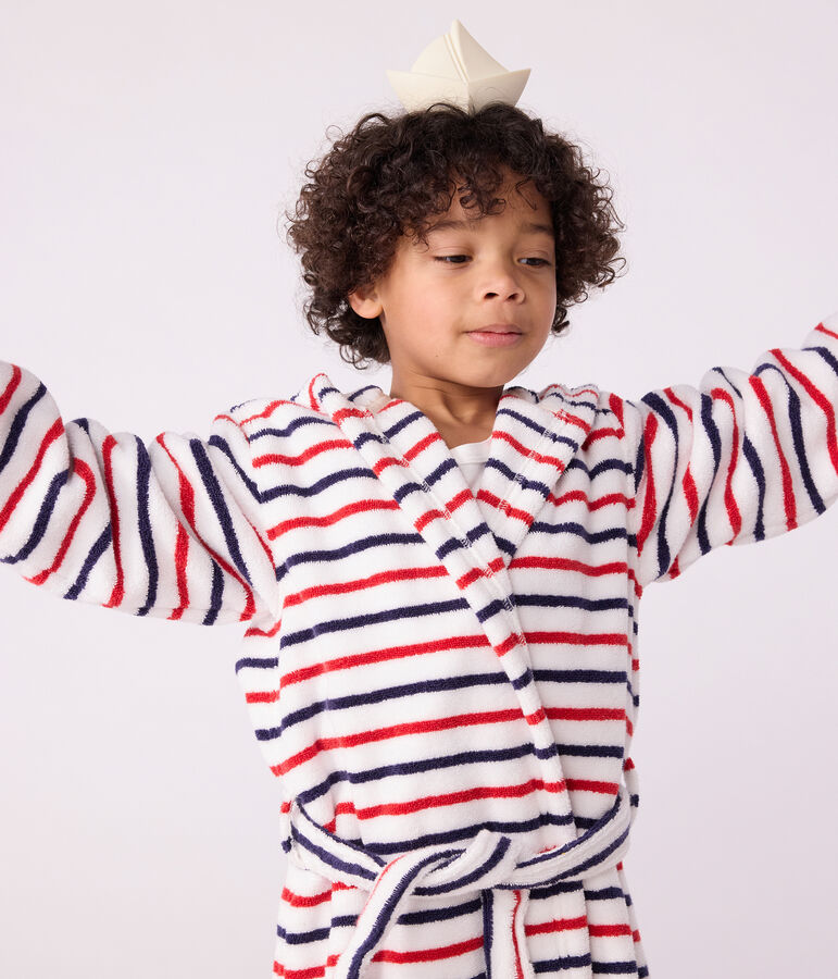 Albornoz infantil de rizo de algod&oacute;n a rayas blanco/multicolor