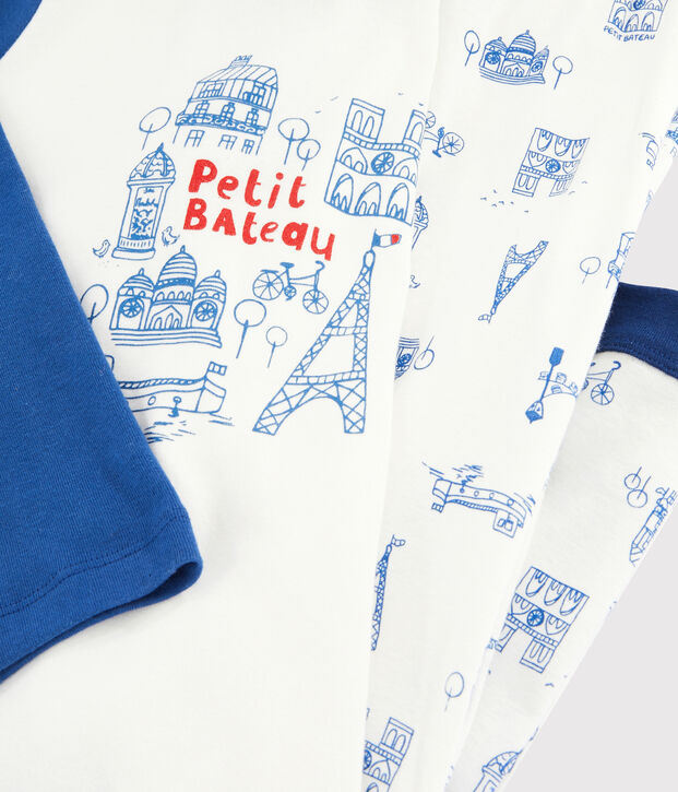 Pijama con dibujo de Par&iacute;s de ni&ntilde;o peque&ntilde;o de punto blanco/azul/multicolor
