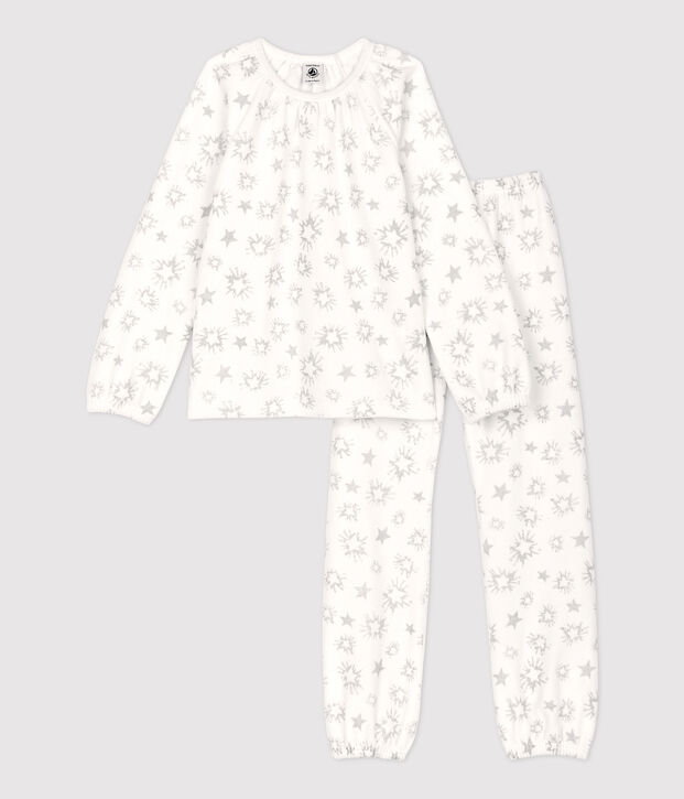 Pijama de ni&ntilde;a con estampado de estrellas de terciopelo blanco/gris