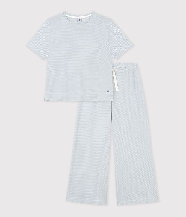 Pijama de algod&oacute;n a rayas de pernera ancha para mujer gris/blanco