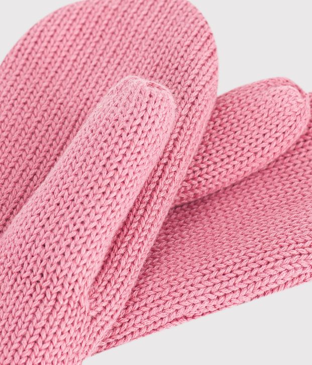 Manoplas infantiles lisas de punto tricotado con forro polar rosa