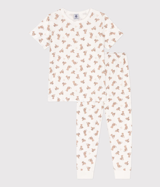 Pijama de manga corta con leopardos de algodón de niño/niña blanco MARSHMALLOW/blanco MULTICO