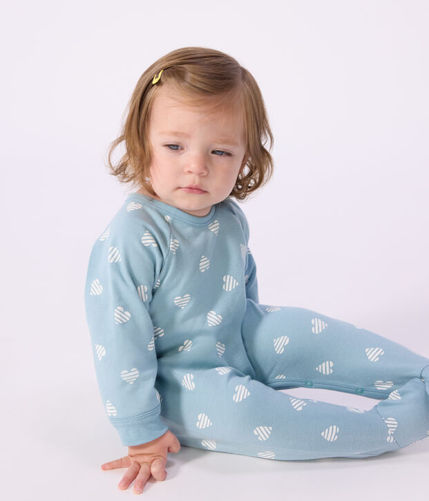 Pijama de mulet&oacute;n cepillado con estampado de corazones para beb&eacute; azul/blanco