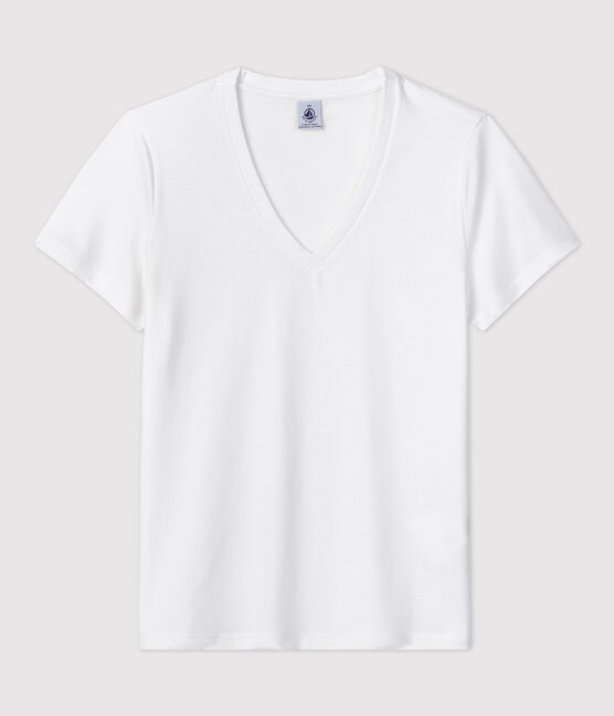 La camiseta RECTA de algodón con cuello de pico para mujer blanco ECUME