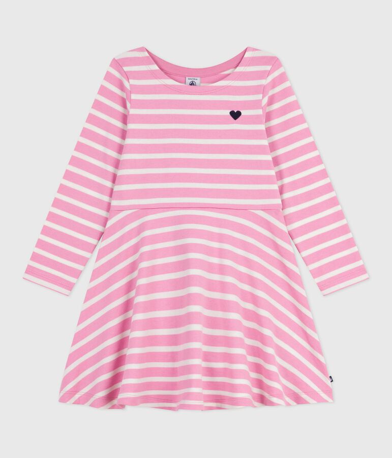 Vestido infantil de manga larga de algod&oacute;n rosa/crudo